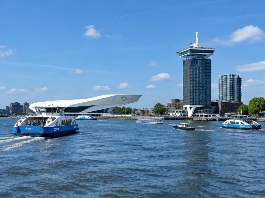 Blick über das IJ auf das EYE Filmmuseum und den A'DAM Tower