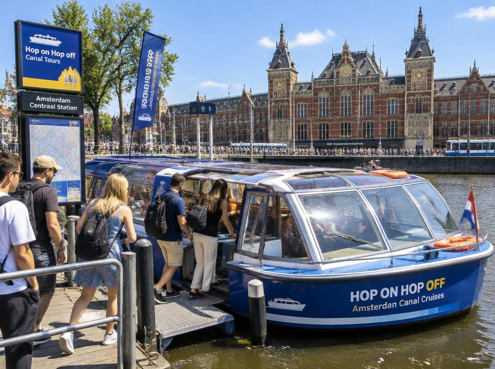 Hop-on-Hop-off-Boot am Anleger vor dem Amsterdamer Hauptbahnhof