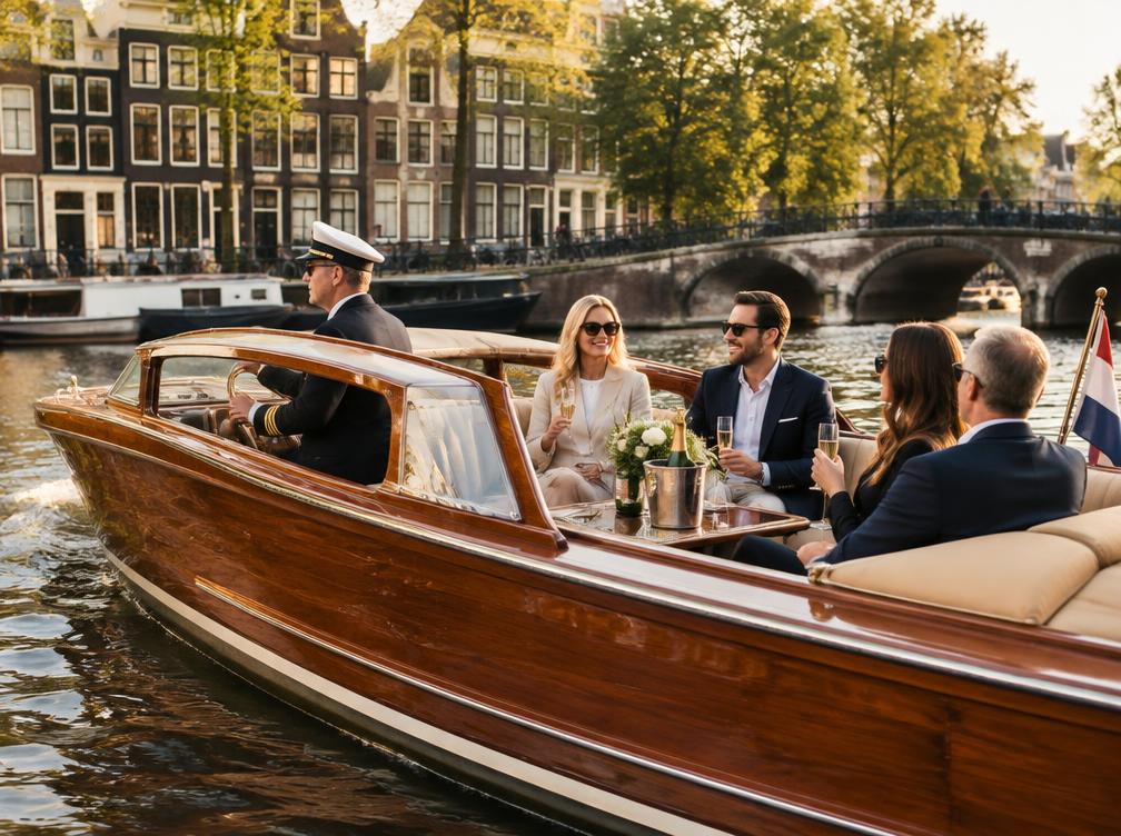 Klassisches Holz-Salonboot mit Skipper und Champagner