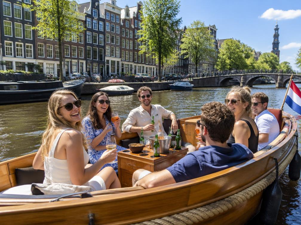 Offenes Salonboot mit Gästen auf einer Amsterdamer Gracht
