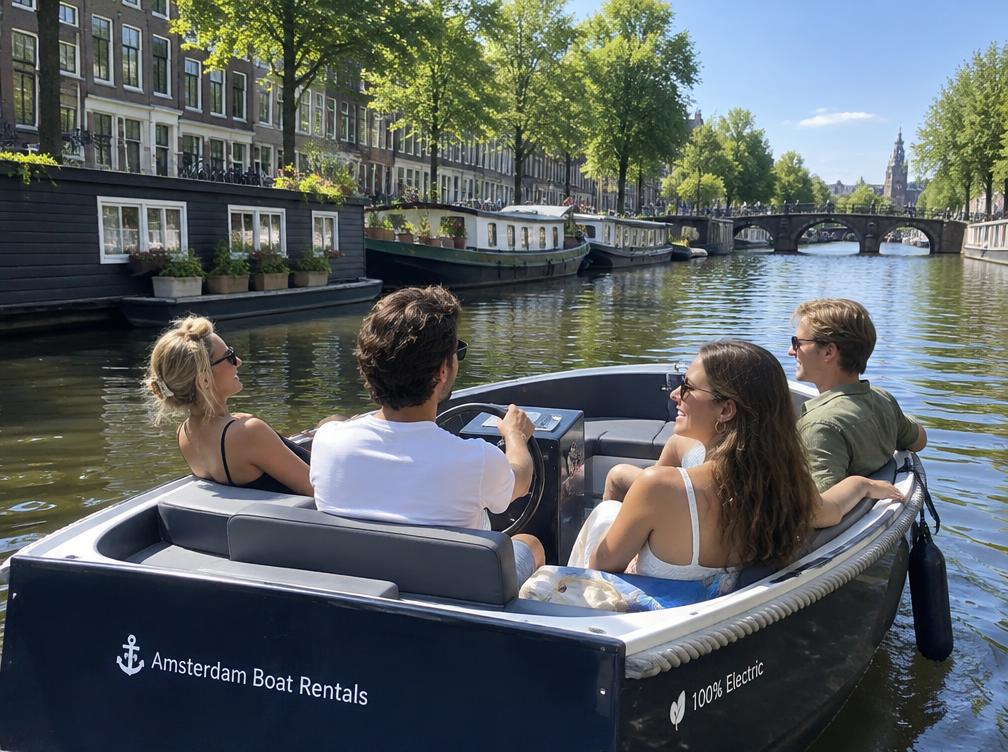 Freunde steuern ein Elektroboot über eine ruhige Gracht