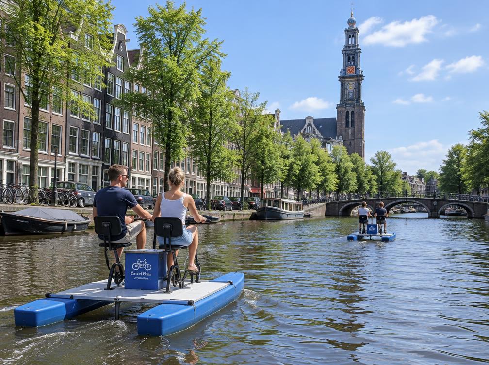 Tretboot auf der Prinsengracht mit Westerkerk im Hintergrund